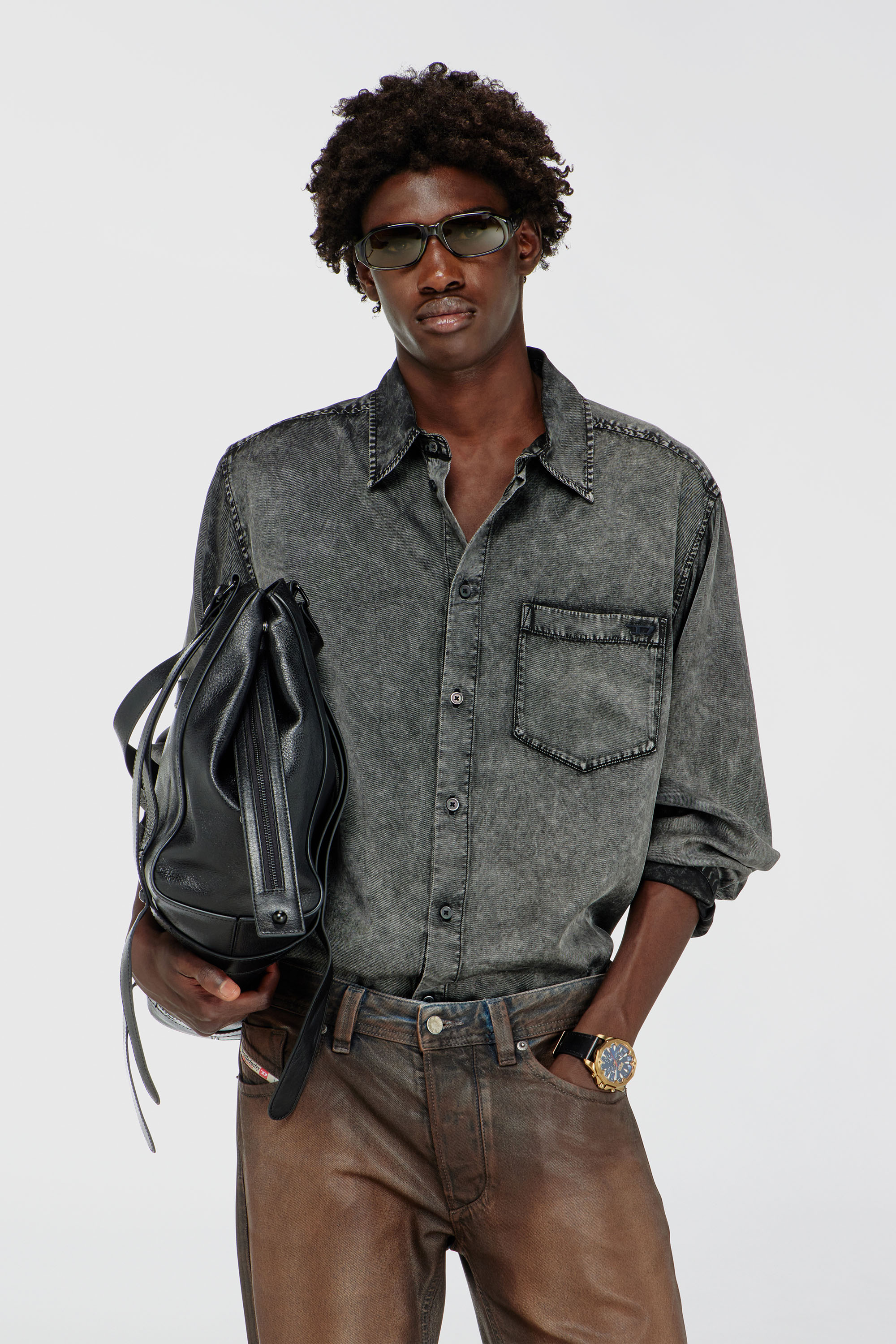 Diesel - S-SIMPLY-NIBC, Man's Fluid shirt in denim-effect viscose in Black - 1
