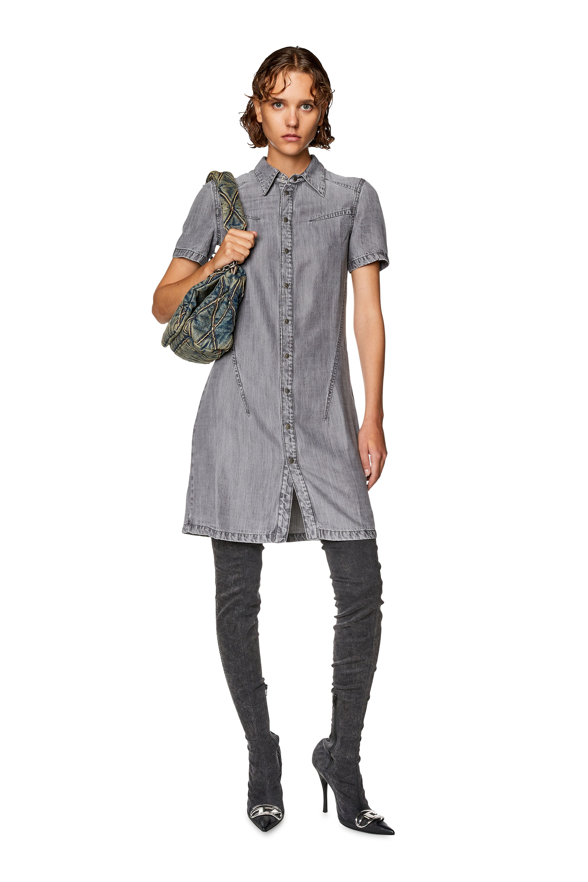 Diesel - DE-SHIRTY, Woman Buttoned shirt dress in light denim in Grey - Image 1
