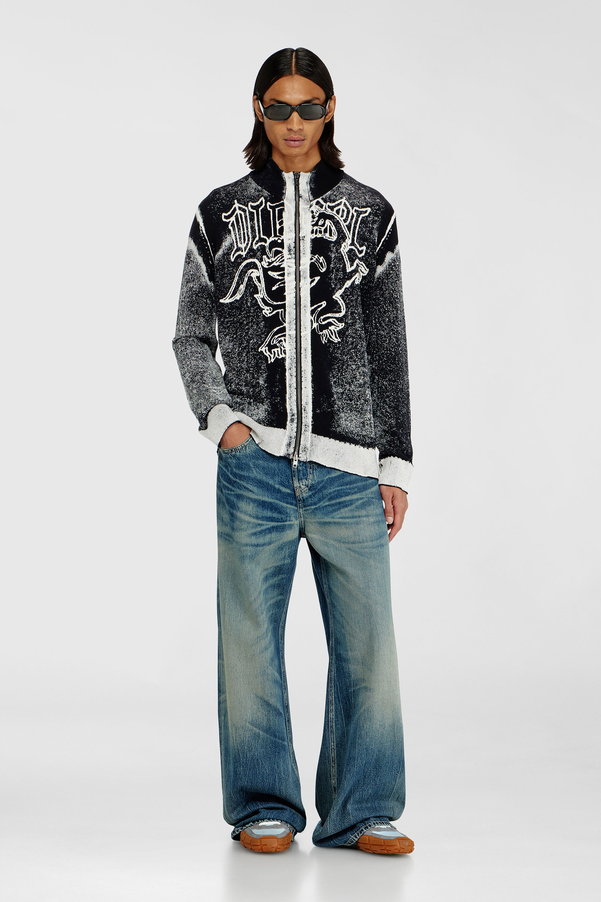 Diesel - K-LAUROS, Man's Treated zip cardigan with griffin motif in Black/White - 1