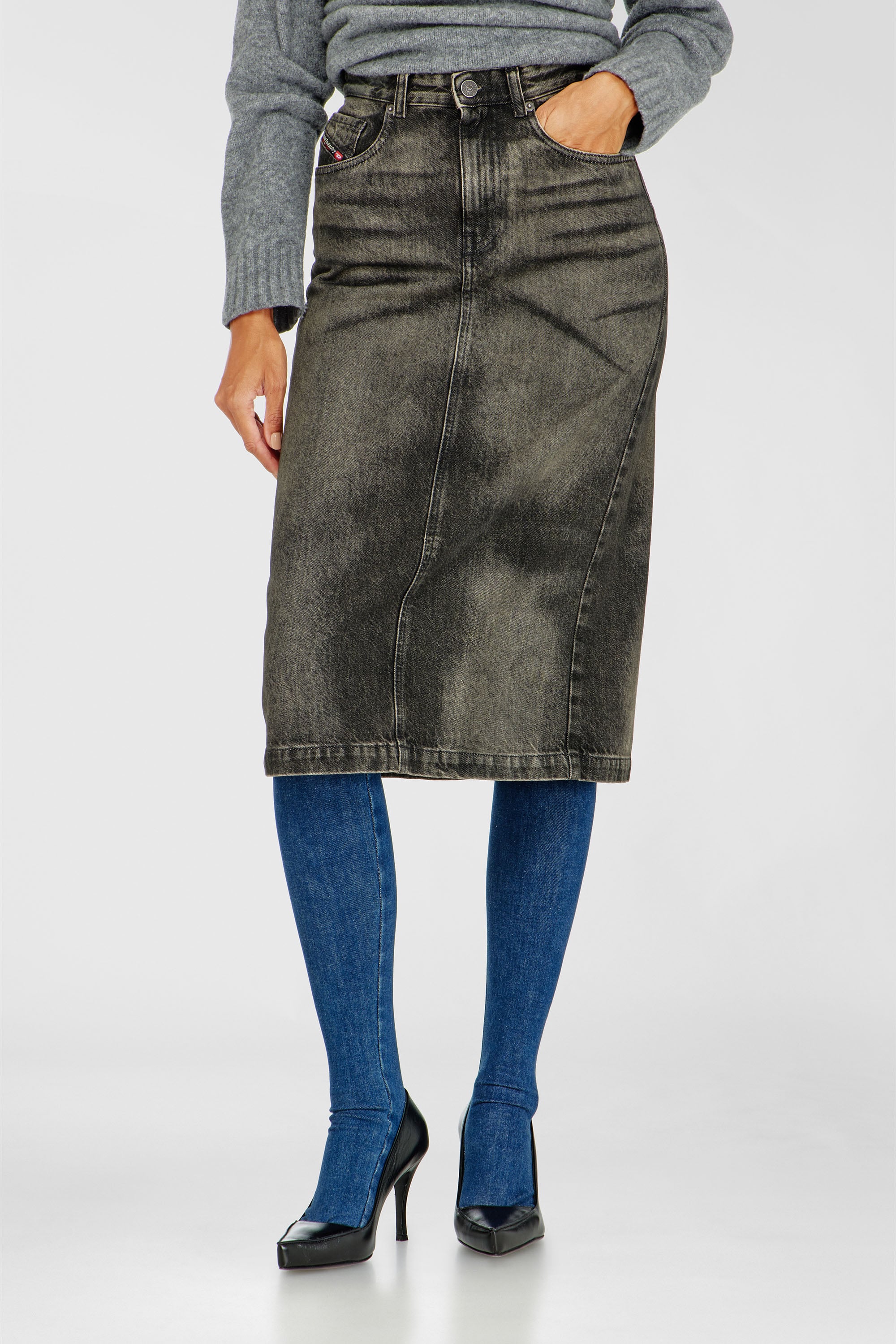 Diesel - DE-PENDY-FSJ, Woman's Pencil skirt in dirty-effect denim in Black/Dark grey - 1