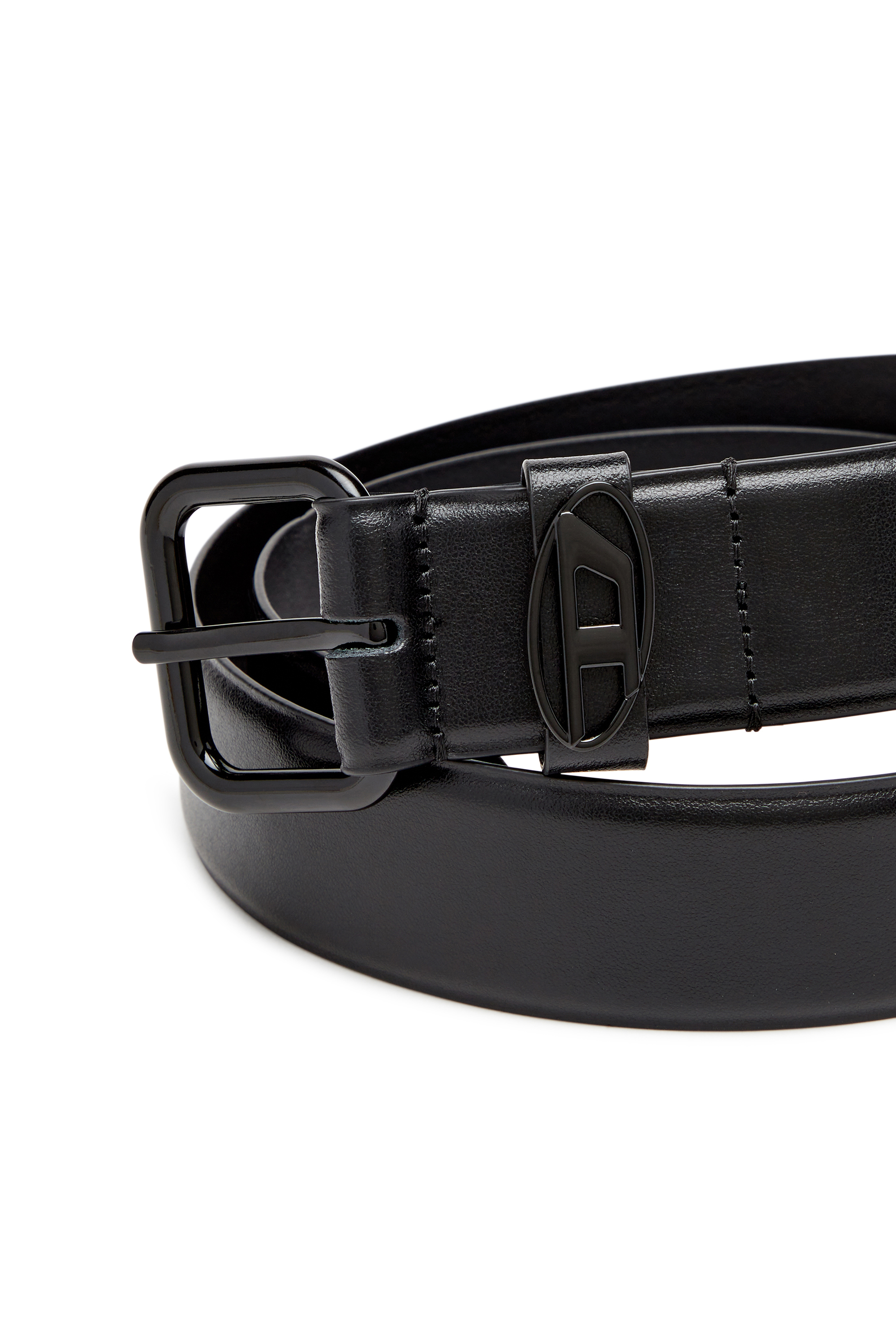 Diesel - B-1DR OVAL D LOOP, Unisex's 3.9cm logo-plaque embellished leather belt in Bright Black - 3