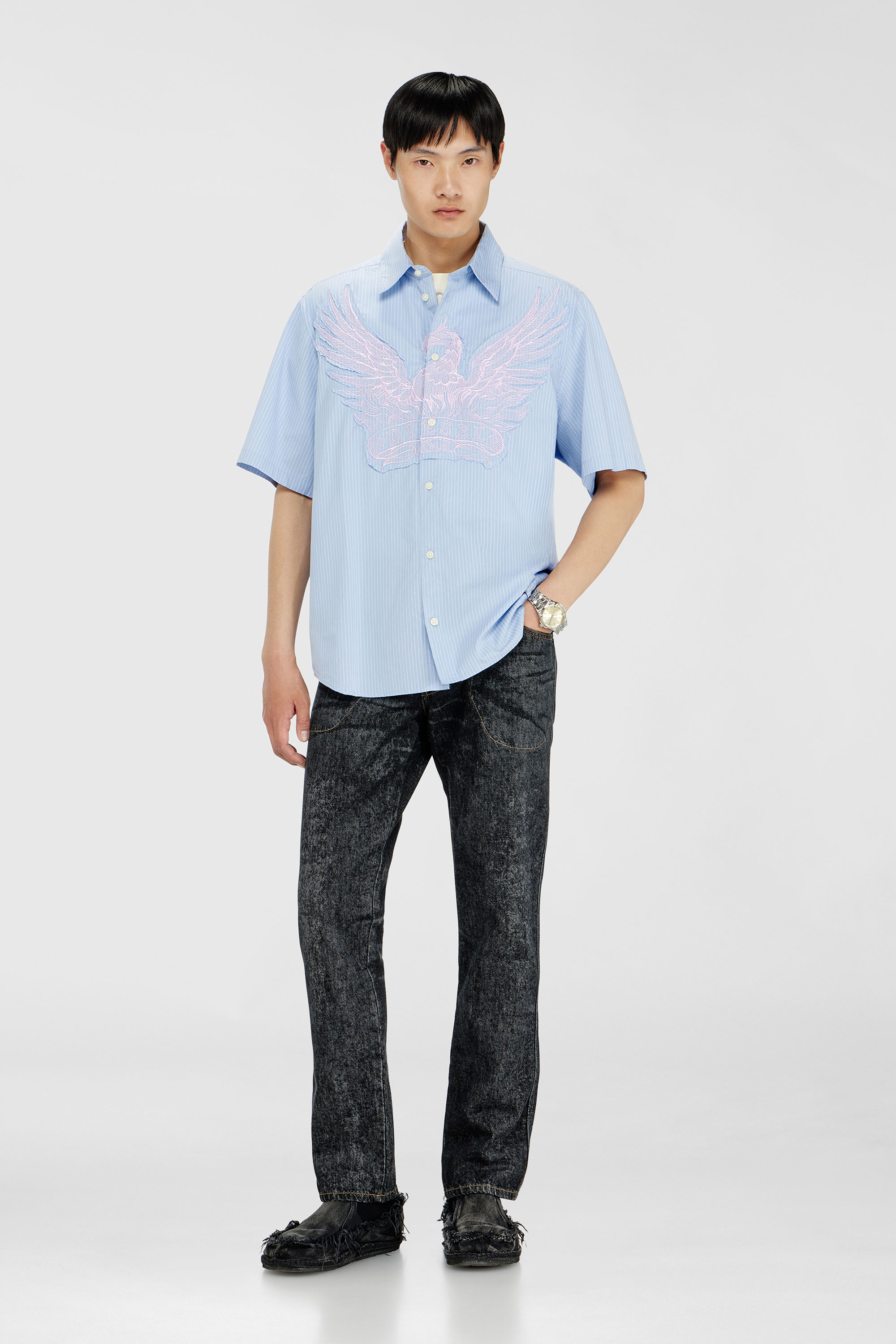 Diesel - S-SIMPLY-SS-AGCZ, Man's Striped poplin shirt with embroidered patch in Light Blue - 2
