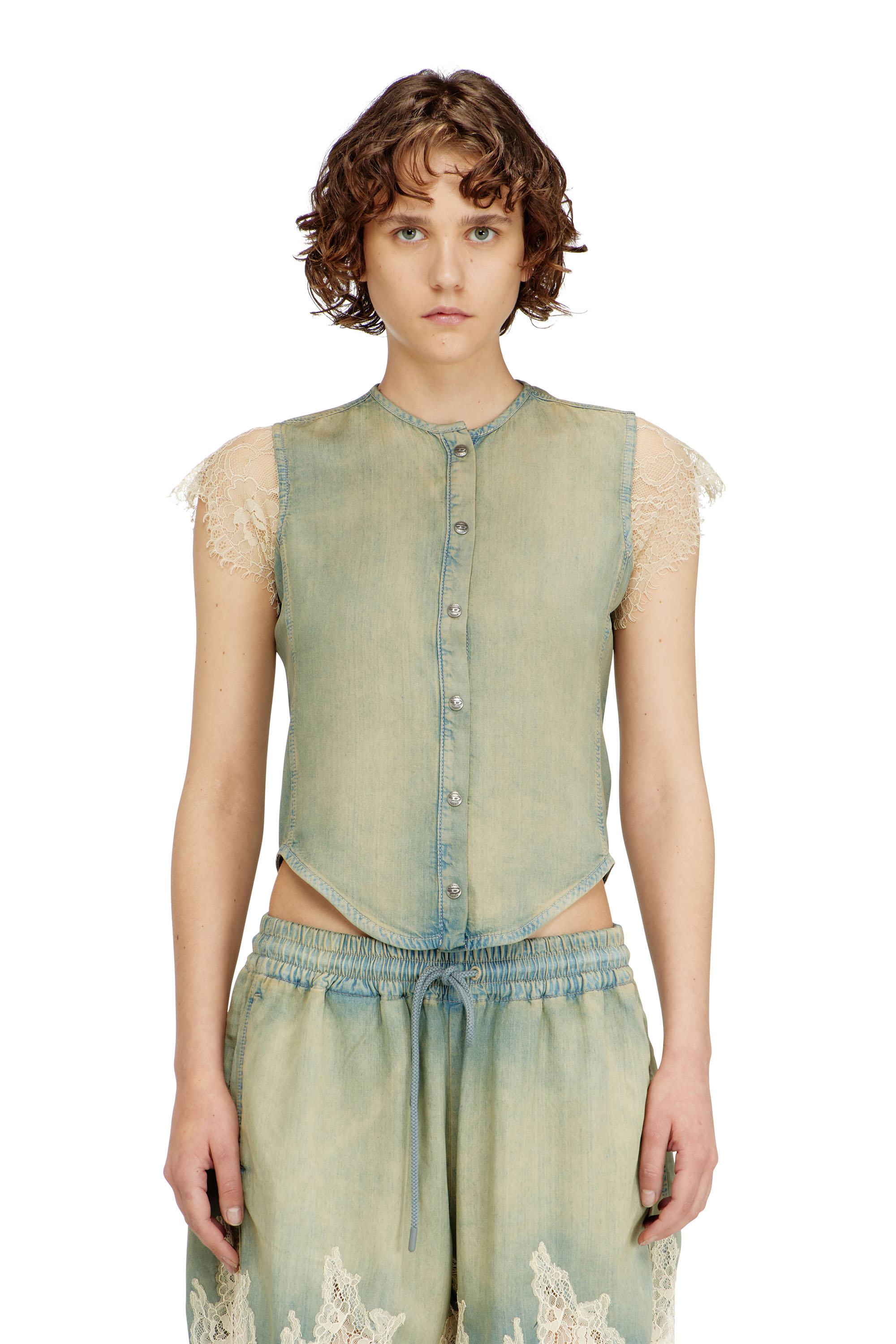 Diesel - DE-MALKA-S, Woman's Short-sleeve shirt in denim and lace in Light Blue - 1