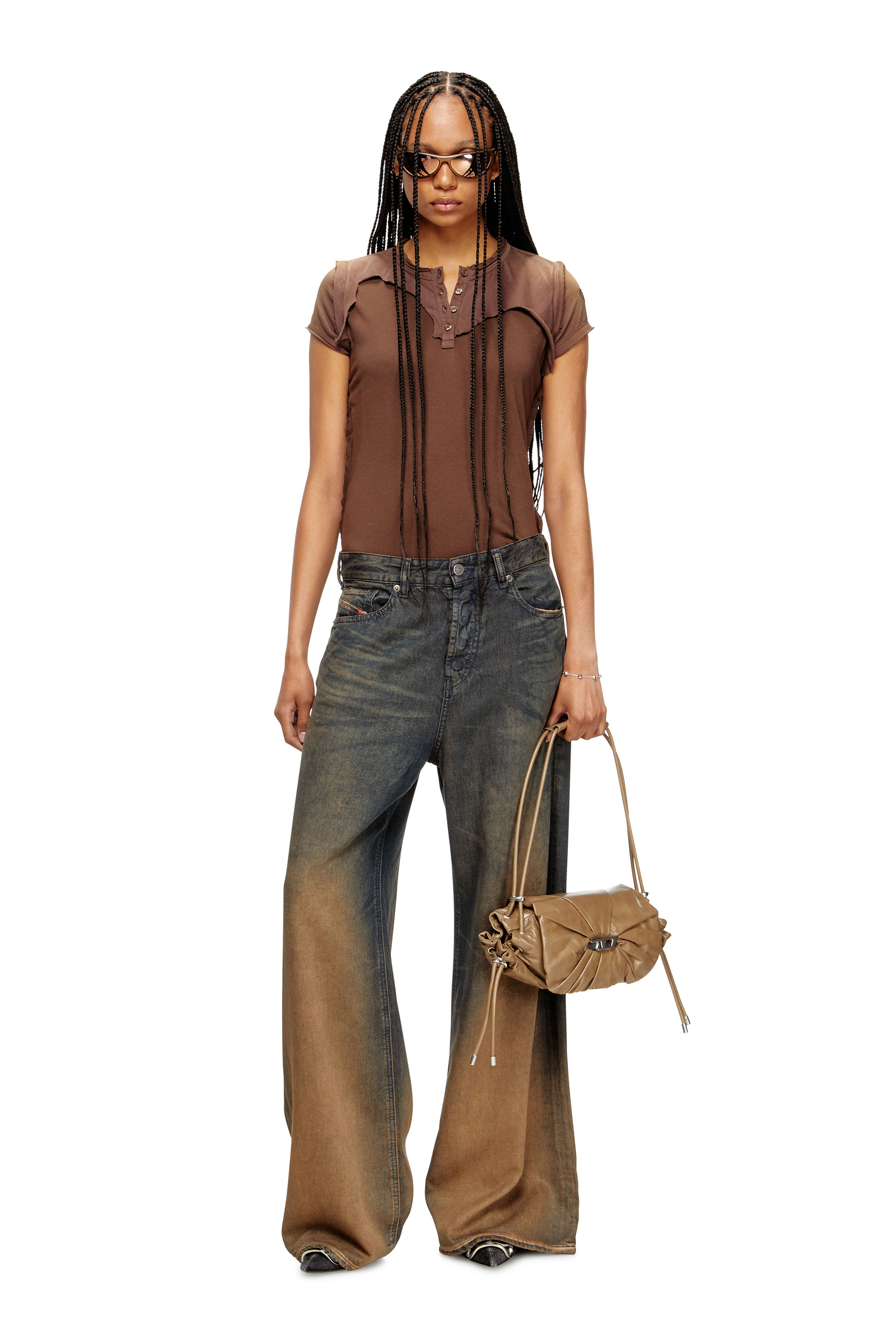 Diesel - T-UNRAWY, Woman's Henley T-shirt with peel-off effect in Brown - 2