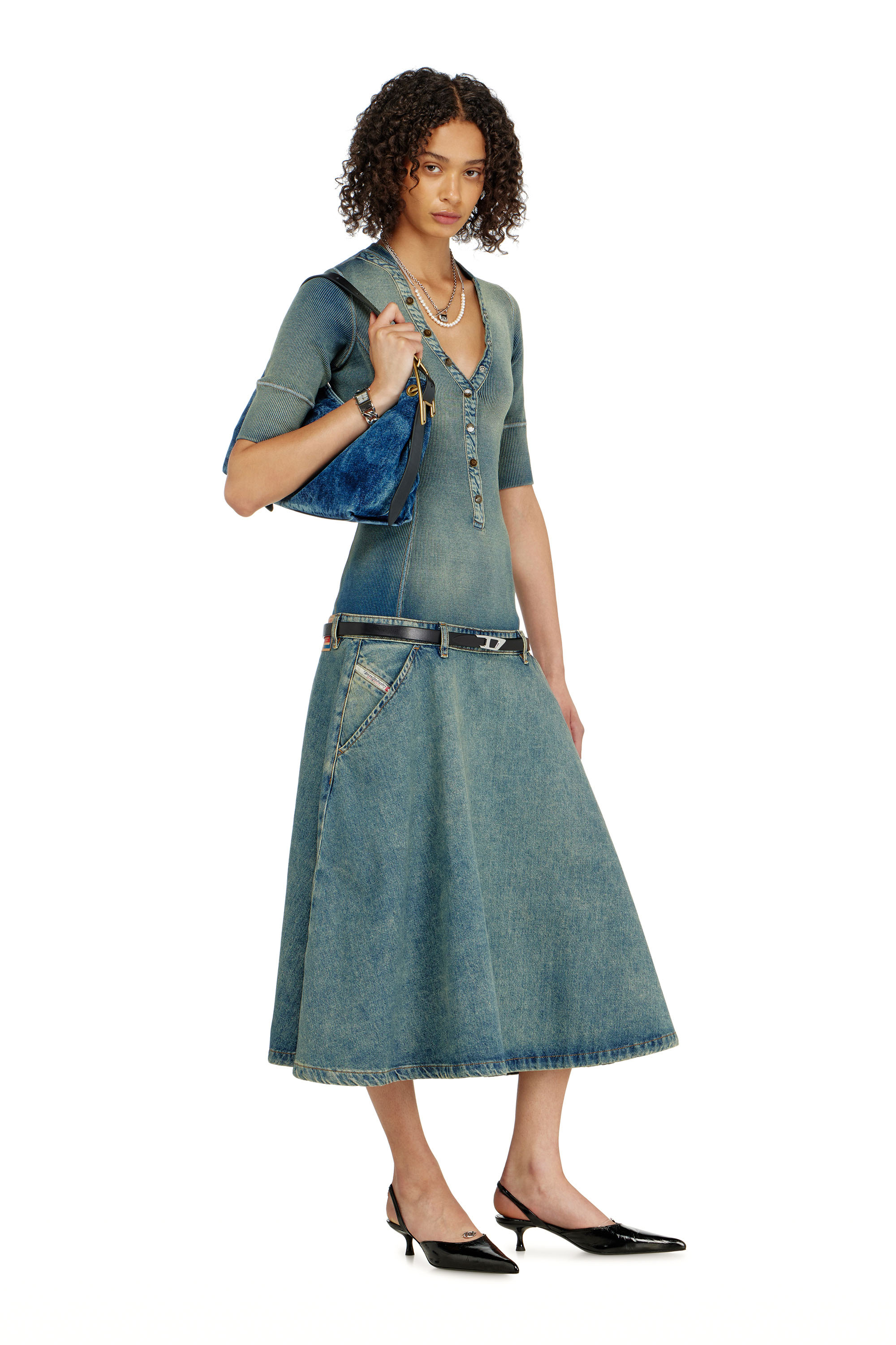 Diesel - DE-ANIM-S, Woman's Drop-waist midi dress in knit and denim in null - 1