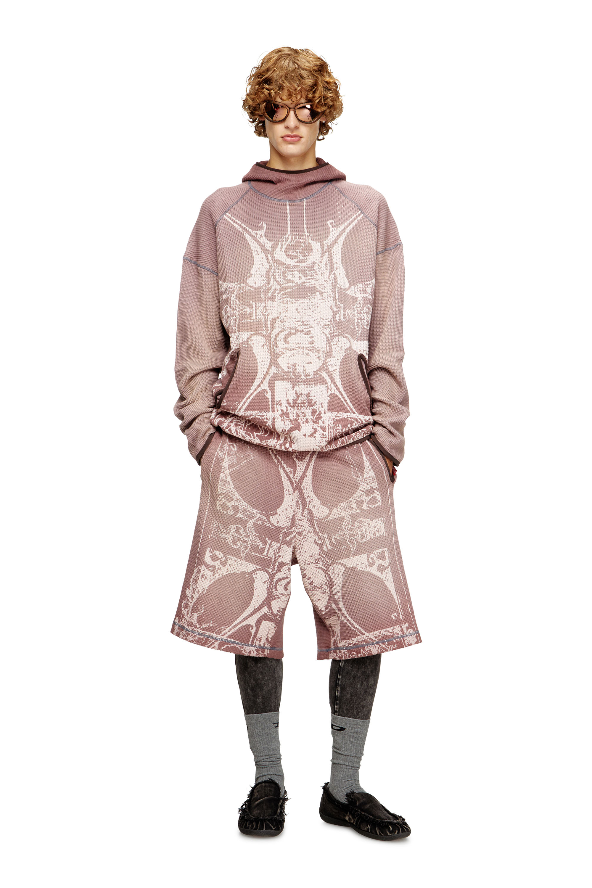 P-WARKY-SHORT, Violet Diesel - P-WARKY-SHORT, Man's Waffle shorts with medieval print in Violet - 1