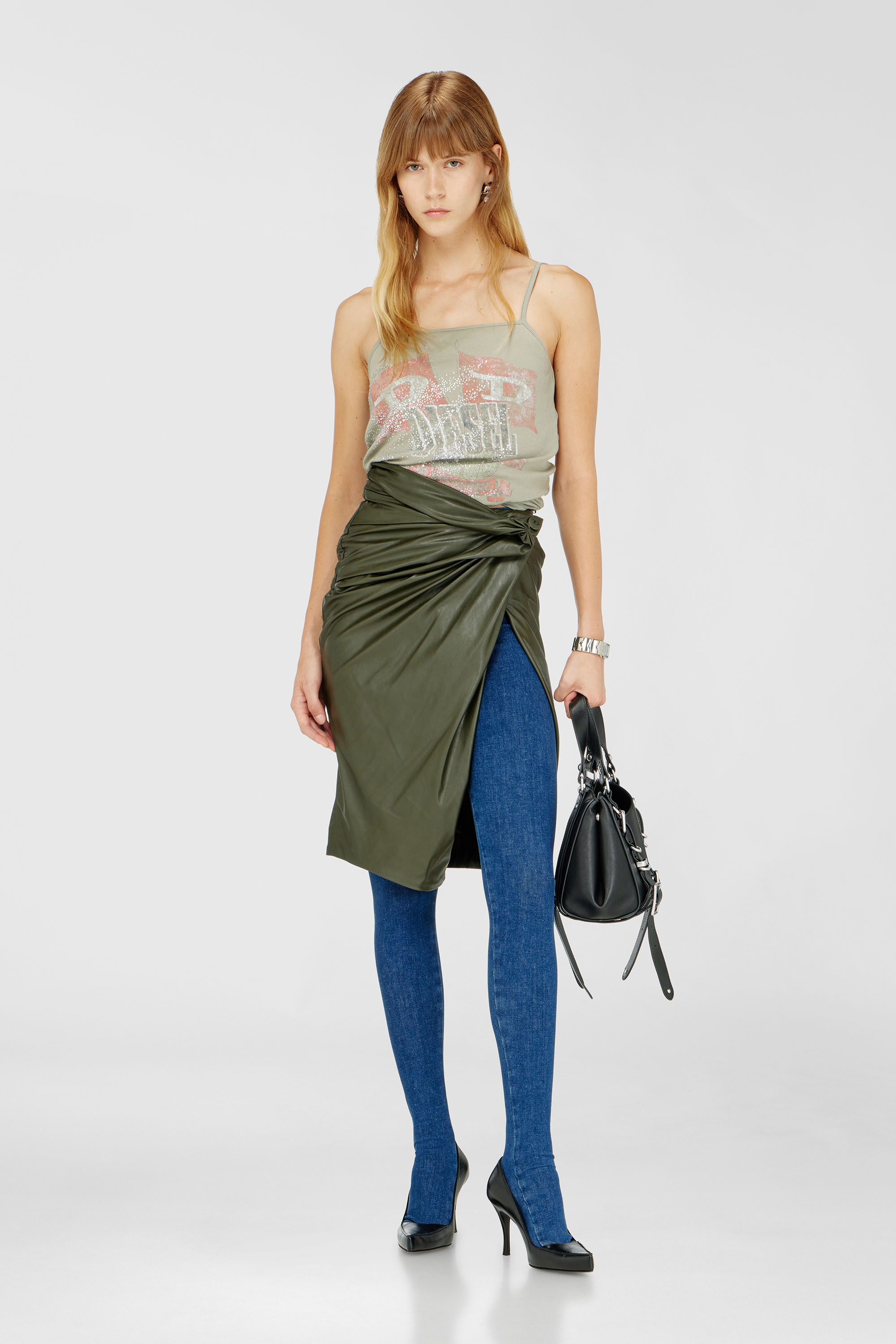 Diesel - O-DASLI, Woman's Draped pencil skirt with split in Military Green - 1