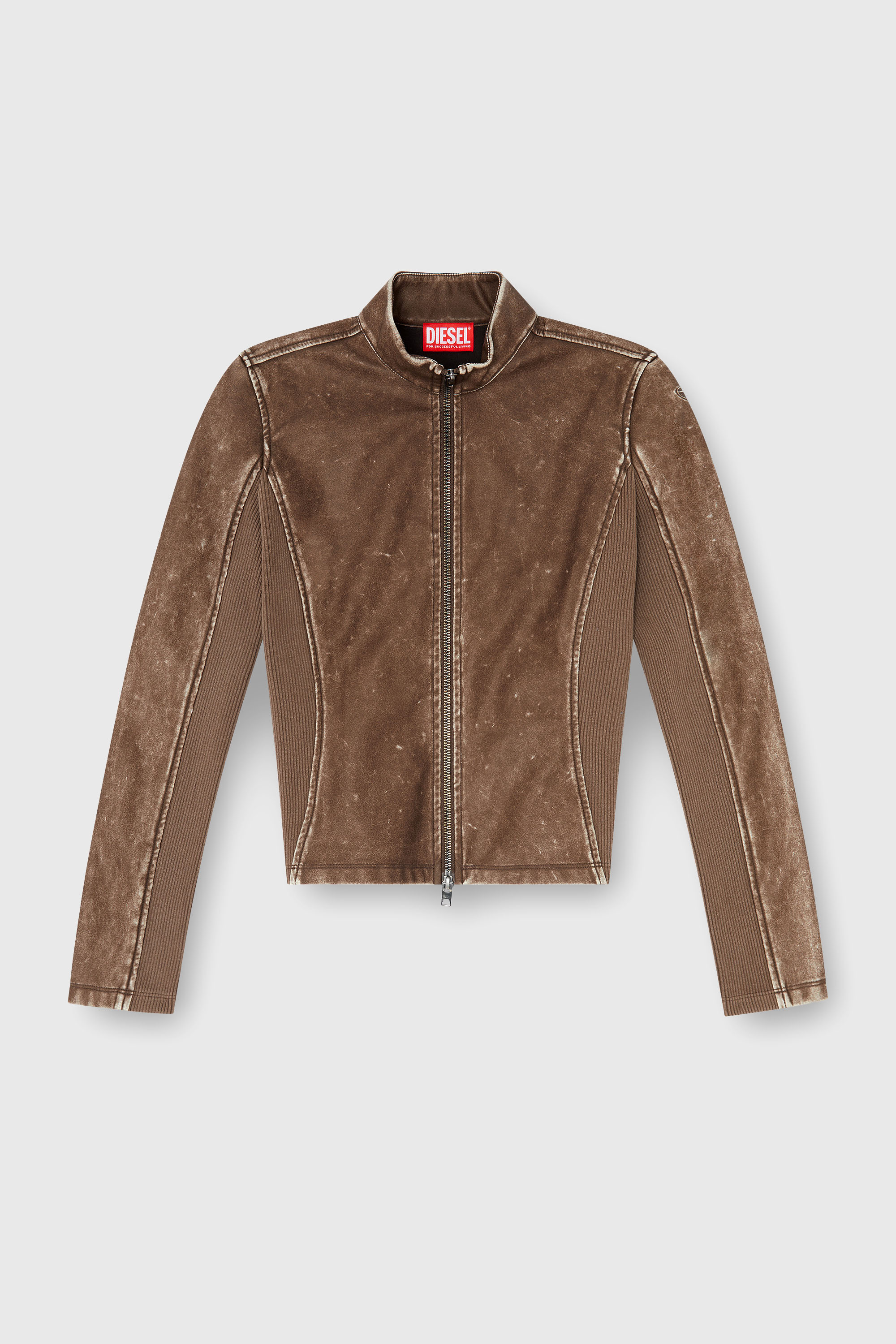 Diesel - T-HUNDER, Woman's Biker jacket with rib-knit inserts in Brown - 1