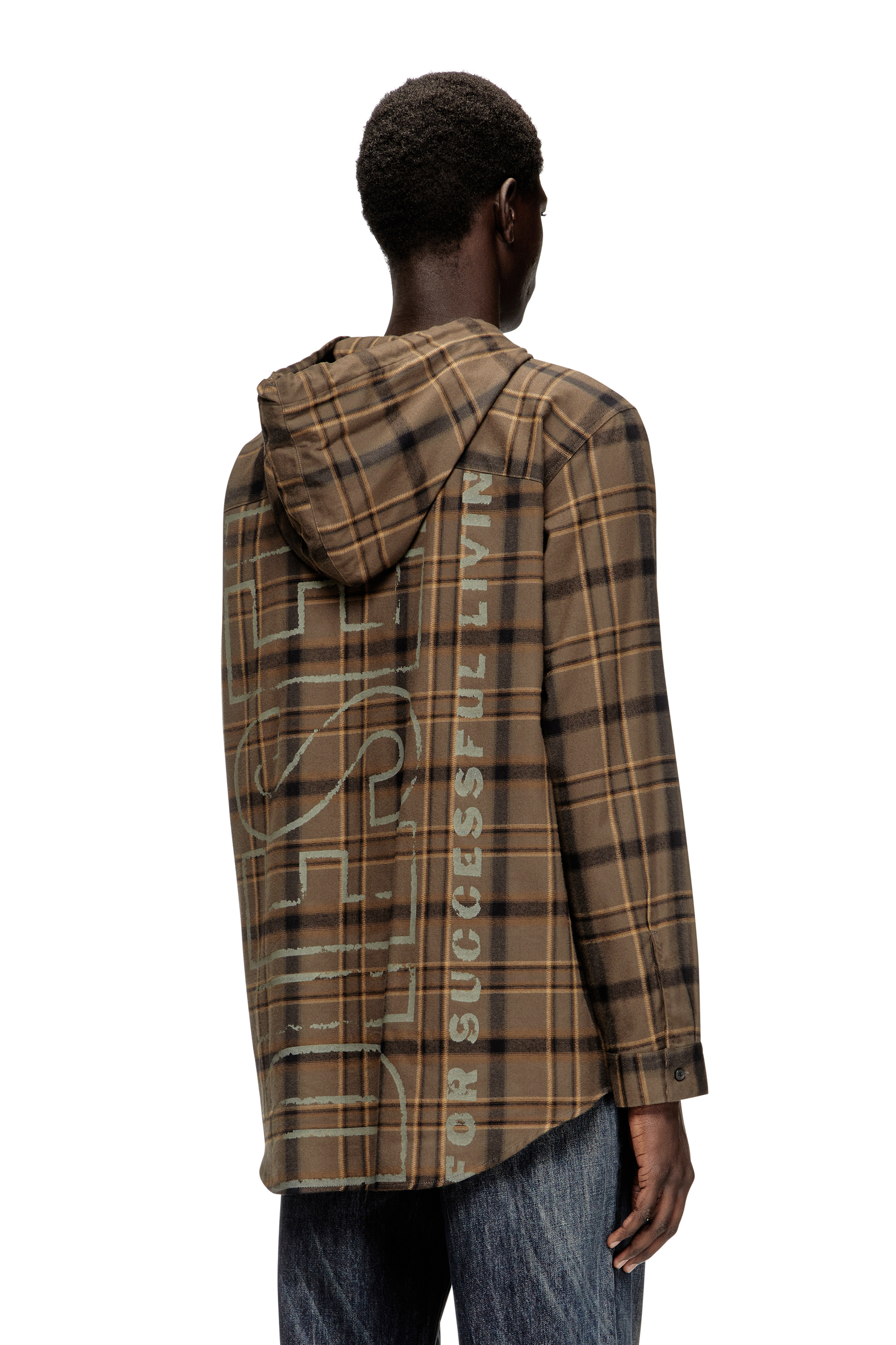 Diesel - S-IX, Man's Hooded shirt in check flannel with logo in Beige/Brown - 4
