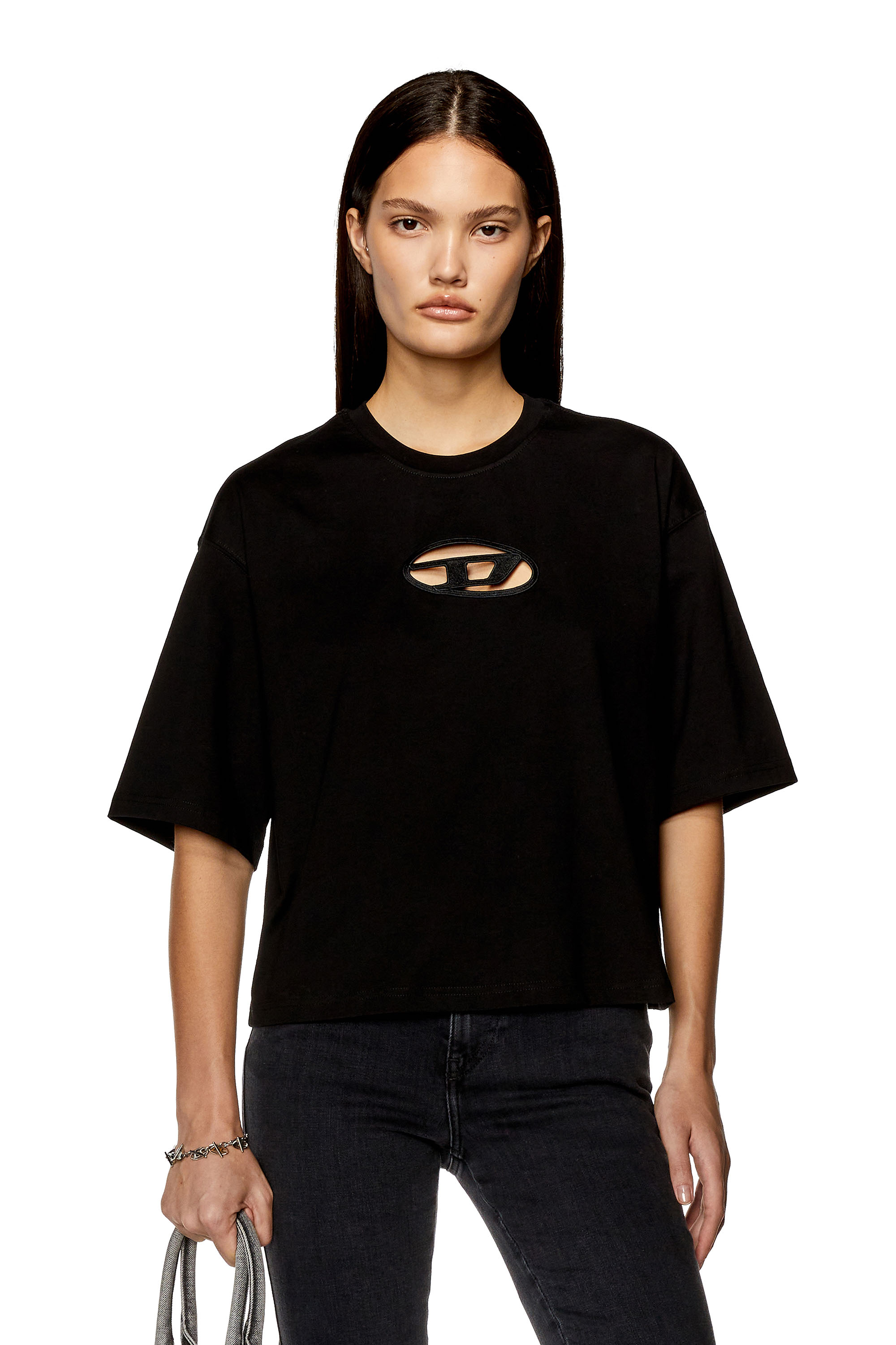 Diesel - T-ROWY-OD, Woman Boxy T-shirt with embroidered D in Black - Image 1