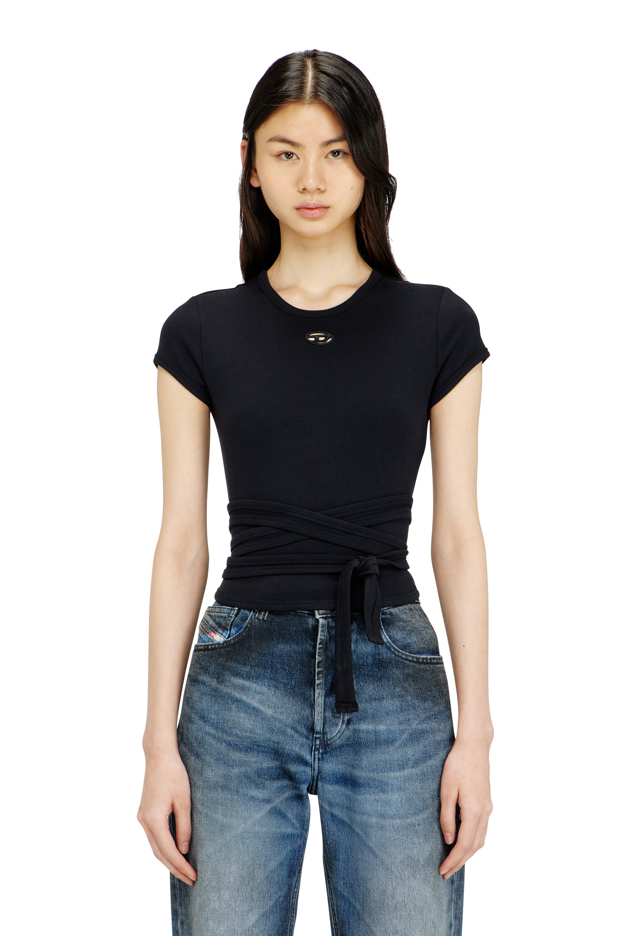 Diesel - T-BUNNY-TAIL-S1, Woman's Ribbed top with wrap-around laces in Black - 1